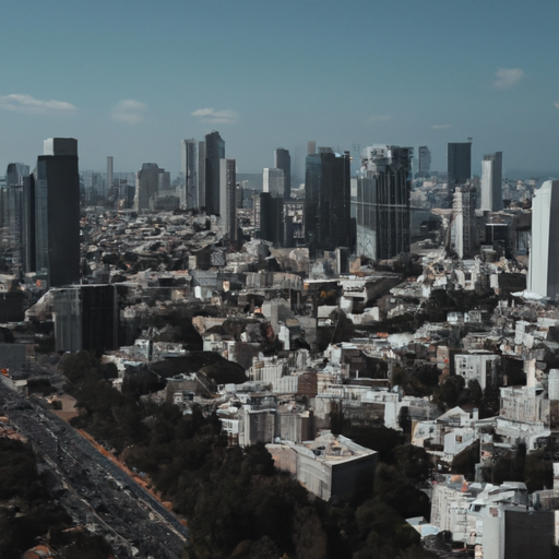 מבט אווירי על קו הרקיע של תל אביב, המציג מבנים שונים הזמינים לרכישה.