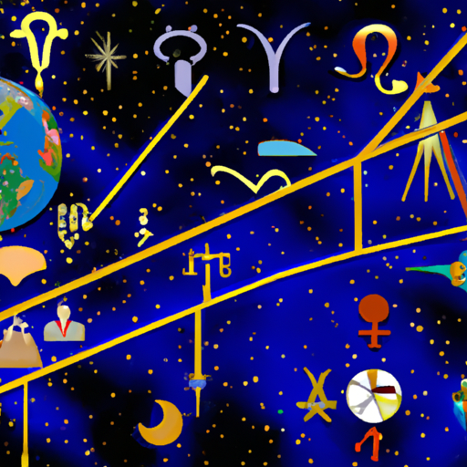 תמונה של מפה שמימית עם סמלי קריירה שונים, המייצגים את השפעת האסטרולוגיה על מסלולי הקריירה שלנו.