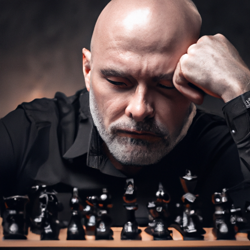 מבוגר שקוע עמוק במשחק שחמט, מפגין מיקוד וחשיבה אסטרטגית.