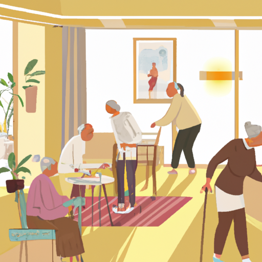 איור המראה קבוצת קשישים המשתתפים בפעילויות שונות בבית אבות.