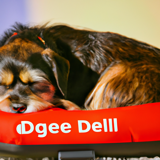 תמונה של כלב קטן ישן בשמחה על מיטת כלבים 'בל אונליין'.